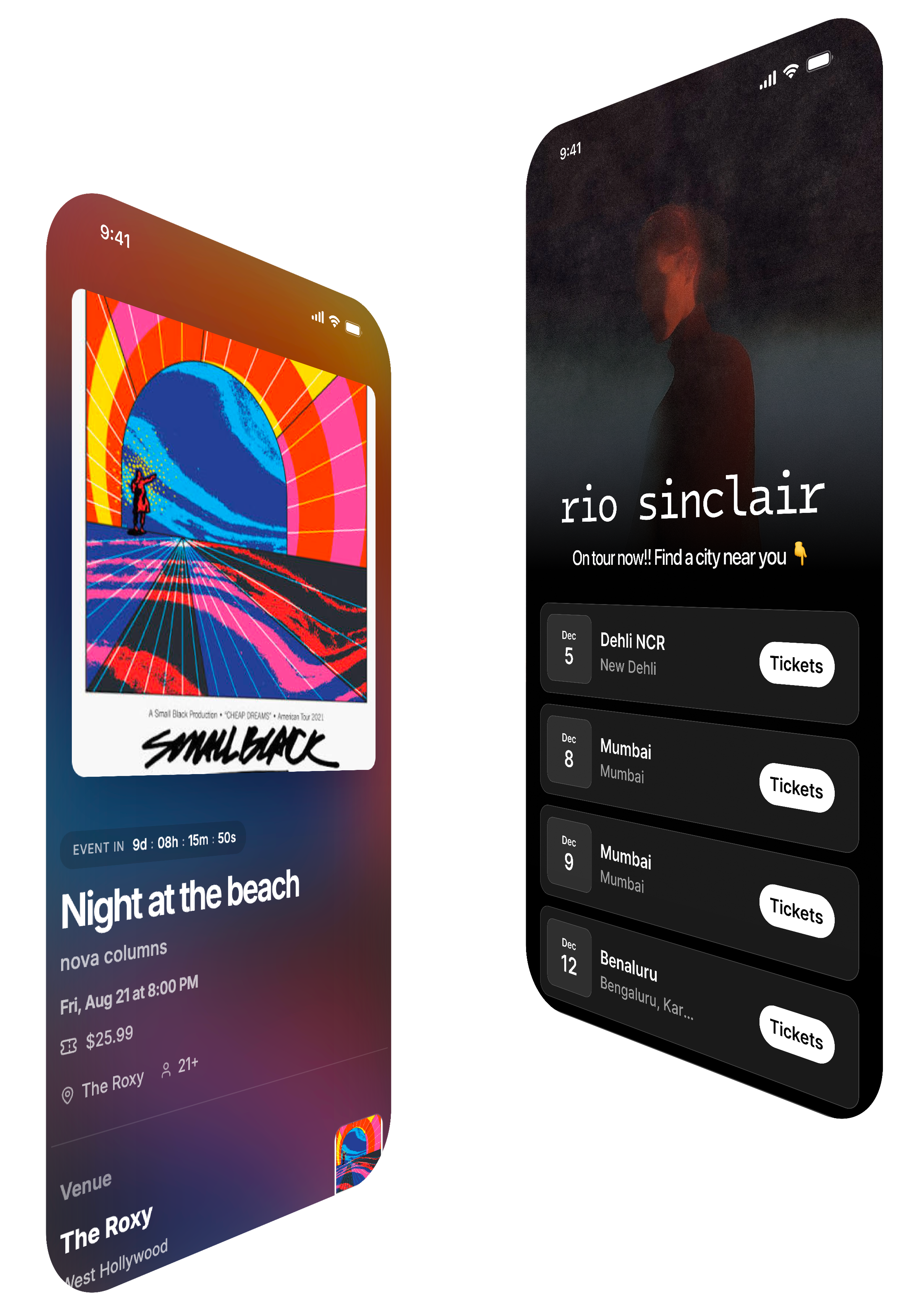 Two Dimensions artist pages: a colorful single-event page for Night at the Beach and a dark tour page with dates and ticket links