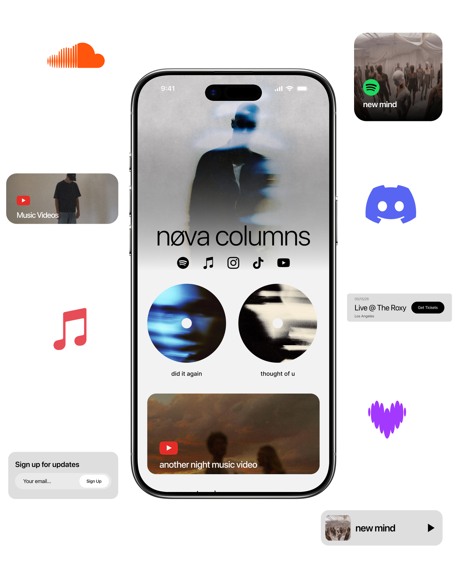 Artist link in bio page built with Dimensions
