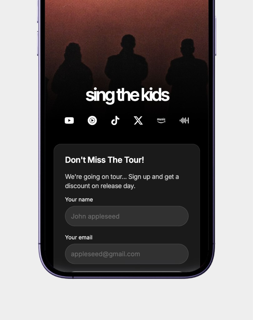 Email signup widget on a Dimensions link in bio page