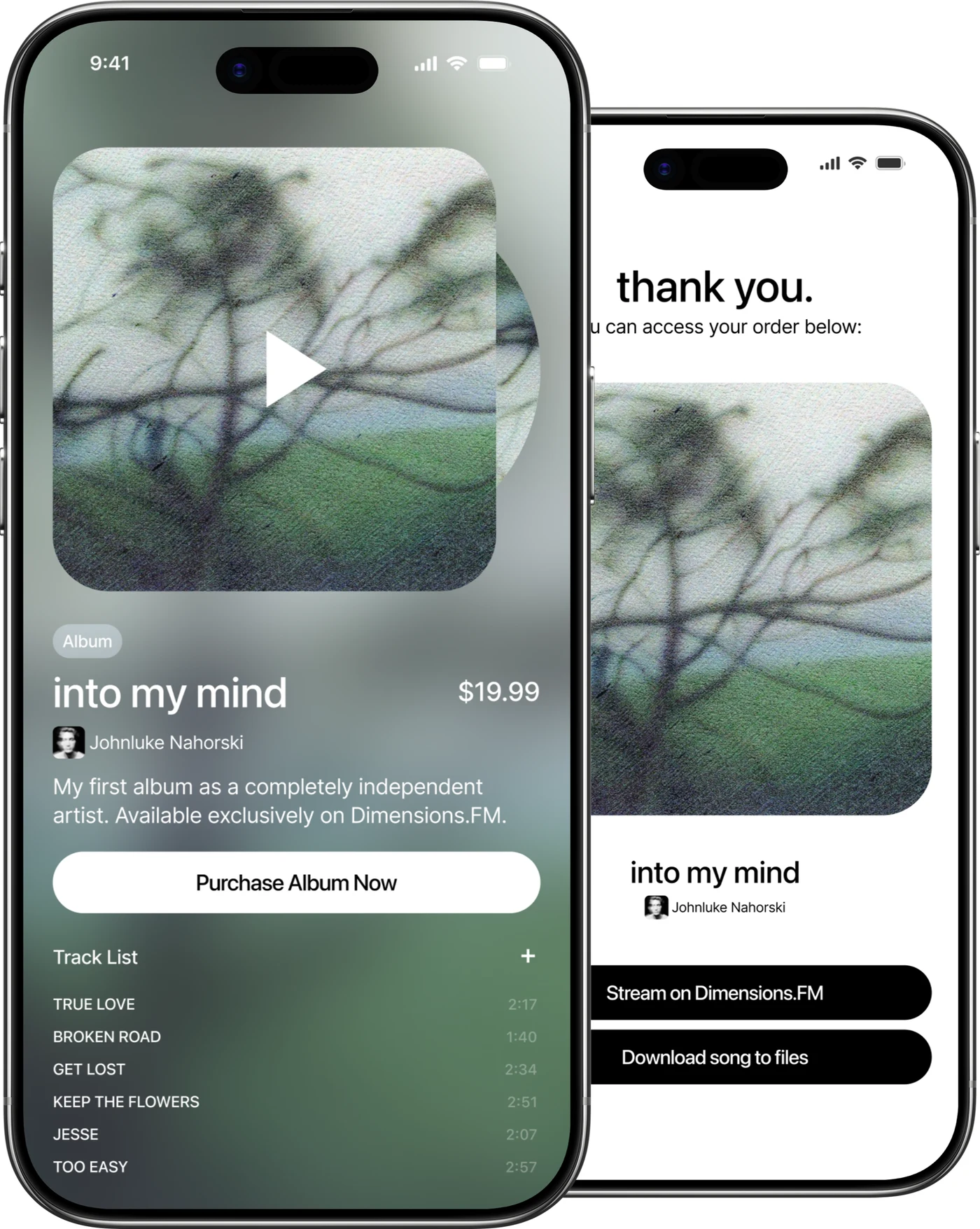 A Dimensions music sales page and fan download screen shown on two phones