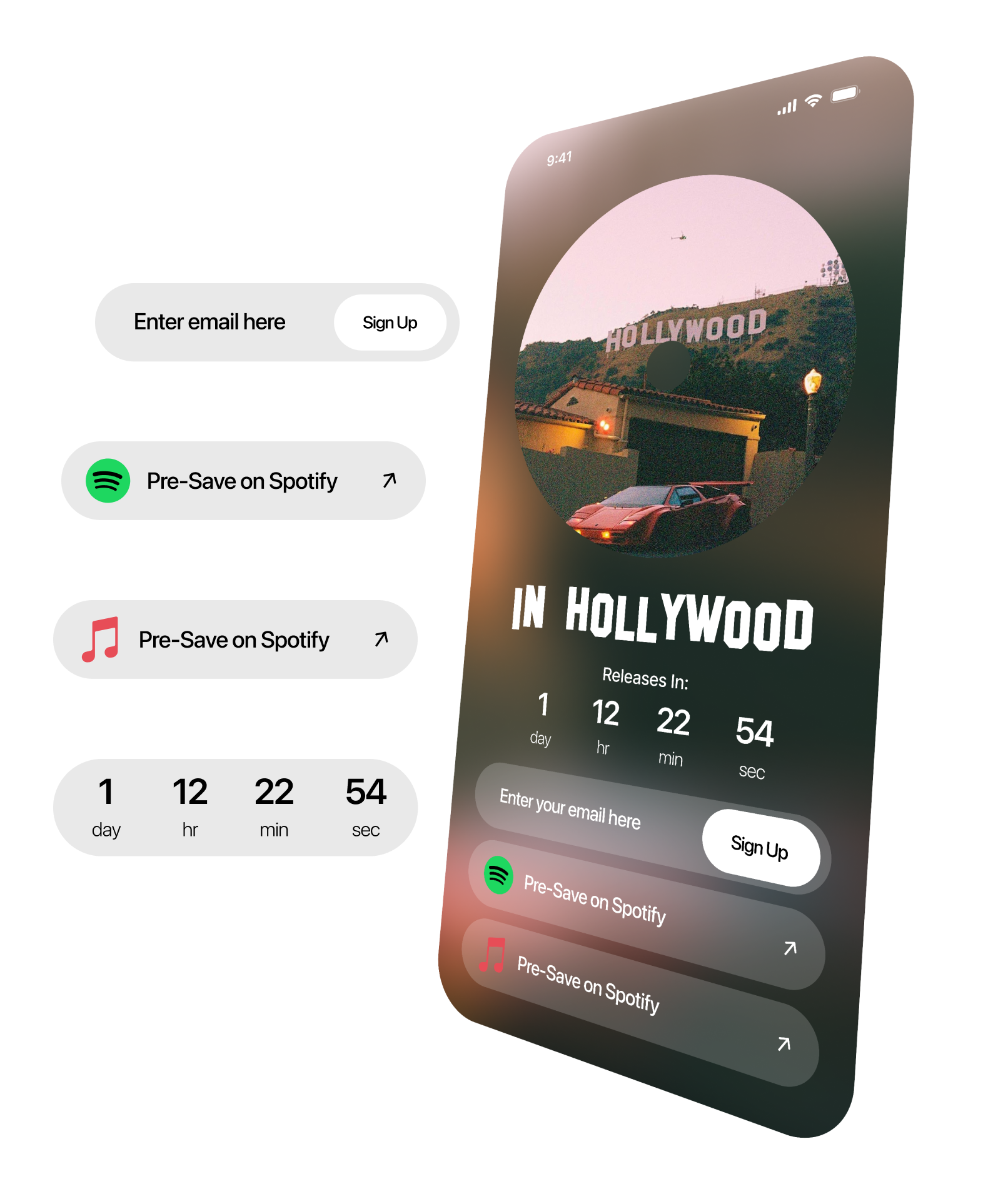 Pre-save campaign page with countdown, email signup, Spotify, and Apple Music links