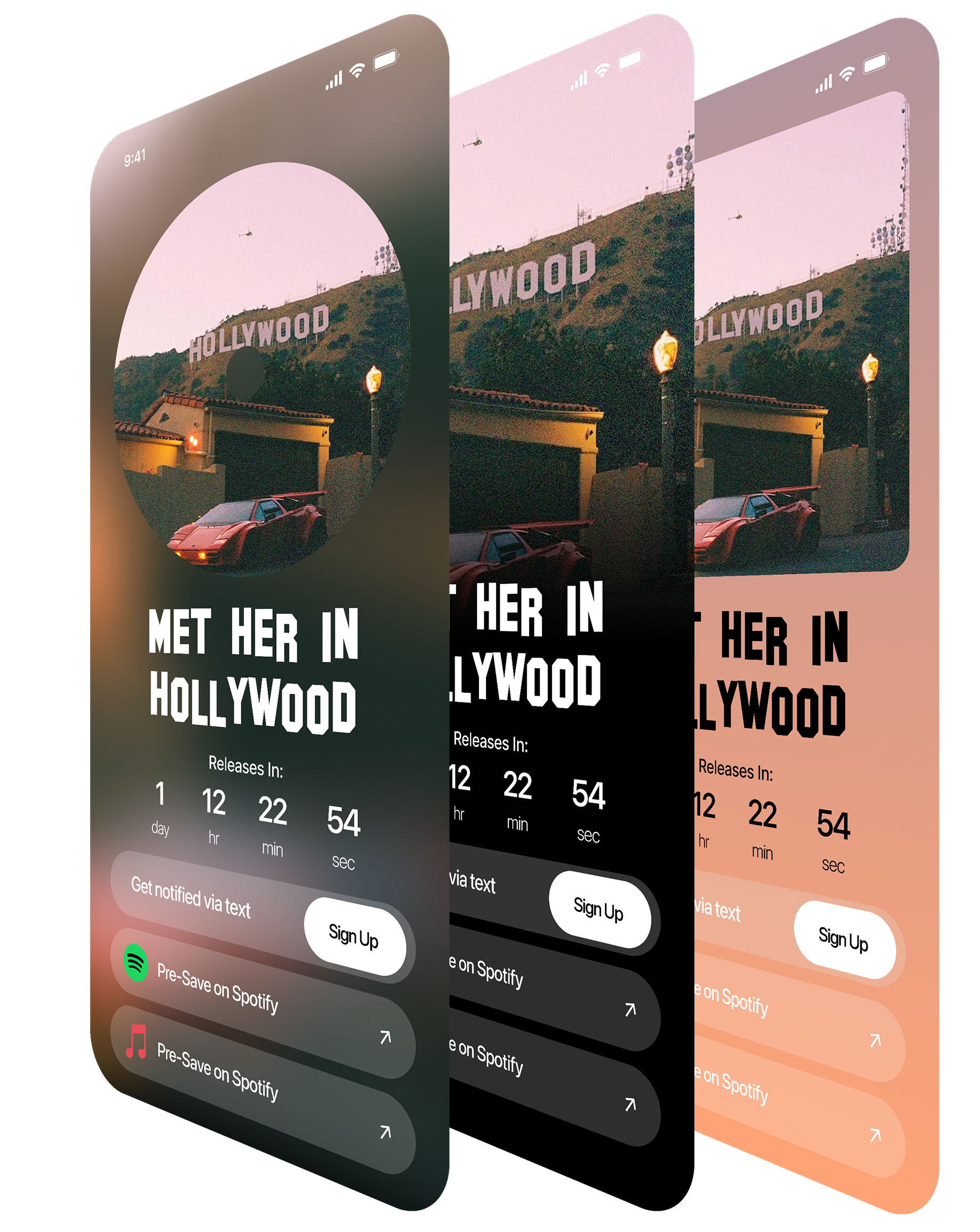 Three styled pre-save page designs for an upcoming release