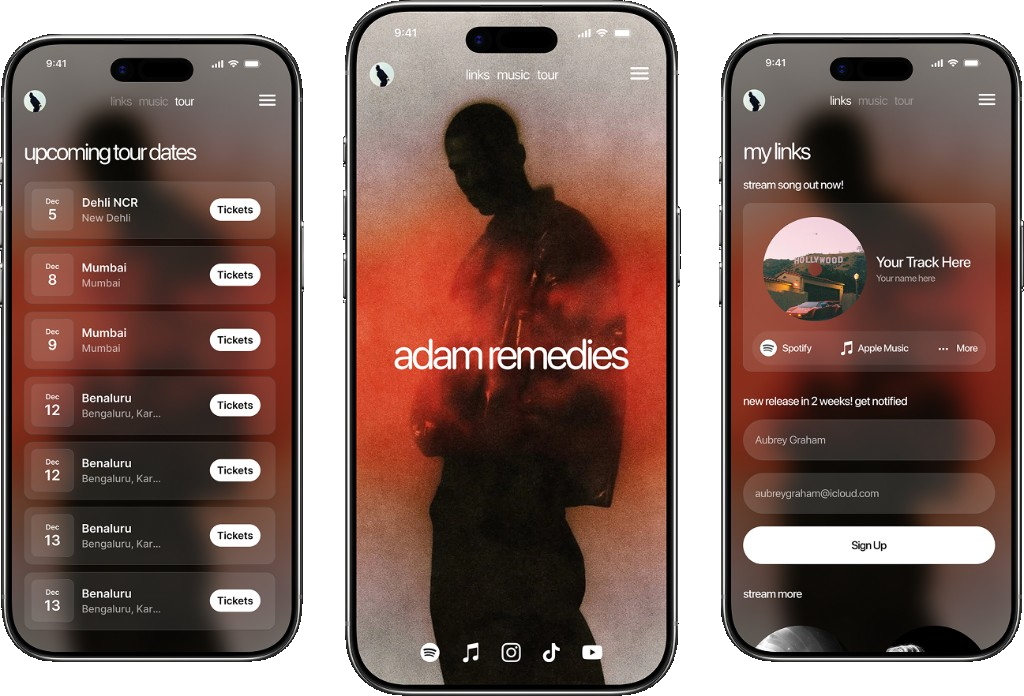 Three Dimensions artist website pages—tour, home, and links—shown on phones